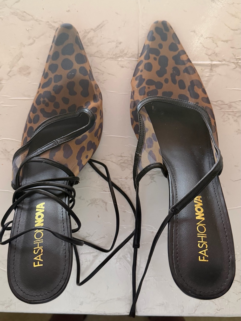 Fashion Nova Leopard-Print Pointed Toe Lace-Up Mules - Brown/Black